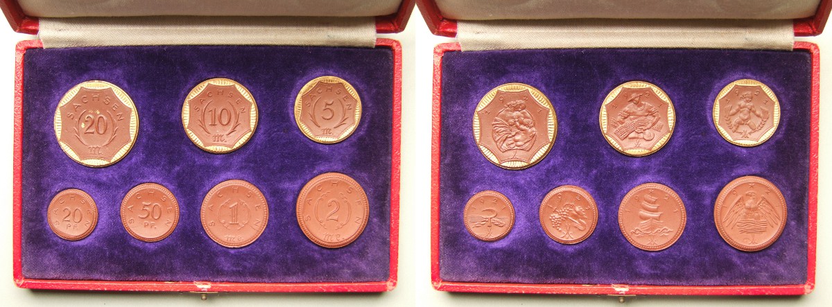 Saxony, Meissen Works set of seven porcelain coins 1921